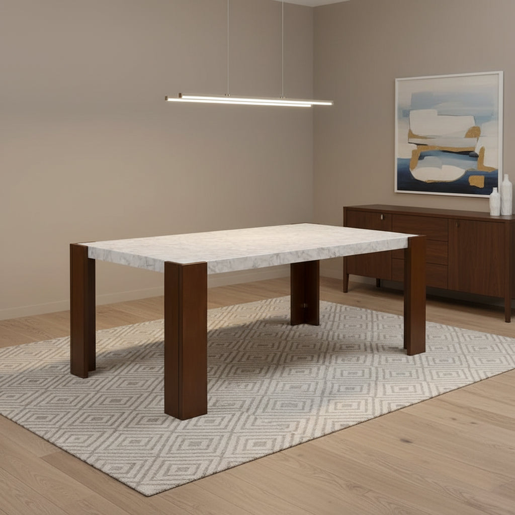 Dining Table, 72 Inch White Rectangular Faux Marble Top, Brown Wood