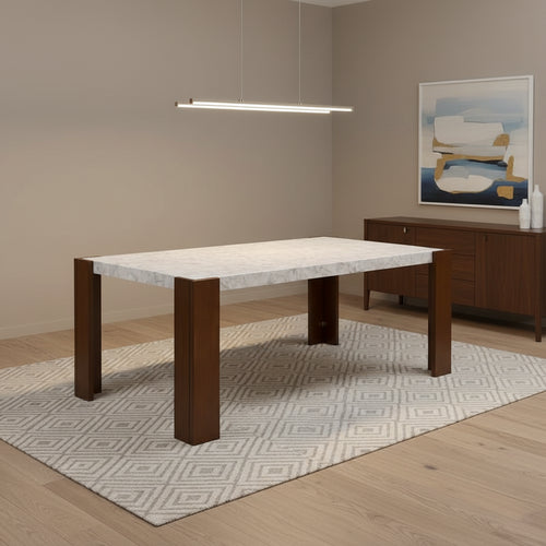 Dining Table, 72 Inch White Rectangular Faux Marble Top, Brown Wood