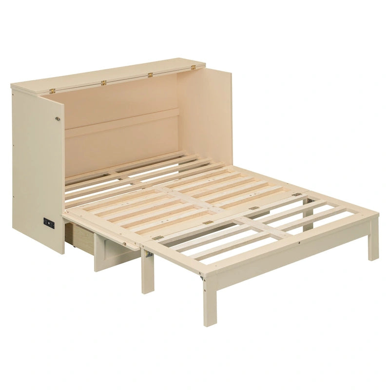 Cama Abatible de Pared con Cajones de Almacenamiento y Carga USB – Tamaño Matrimonial, Marco de Ratán