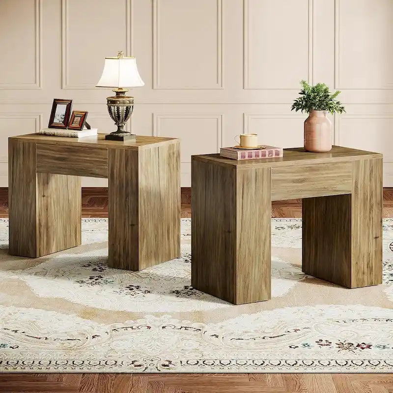 31.5 Farmhouse End Side Table, Mid-Century Modern Sofa Side Table with Wooden Pedestal