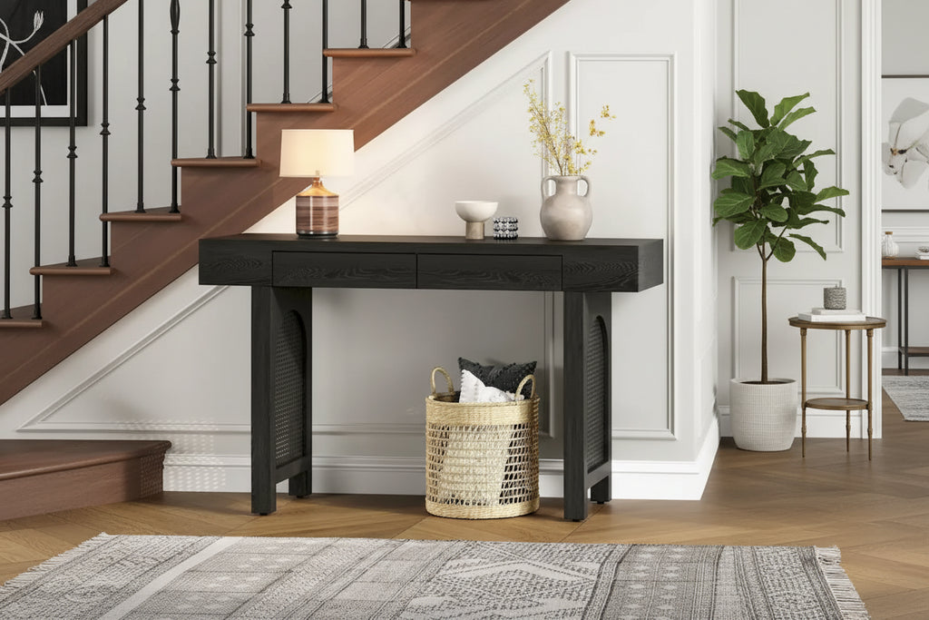 Narrow Console Table with Rattan Accent(Antique Black)