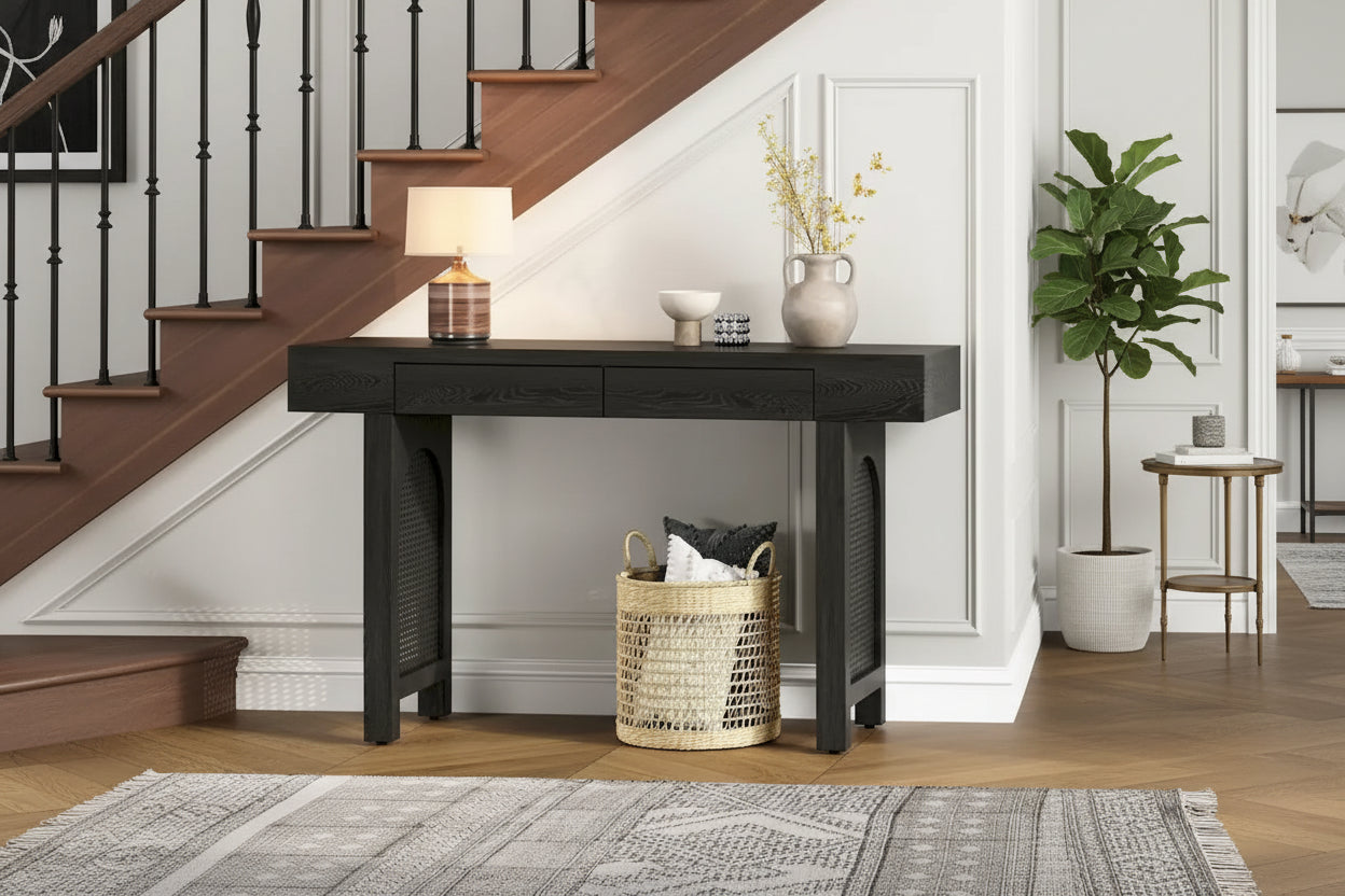 Narrow Console Table with Rattan Accent(Antique Black)
