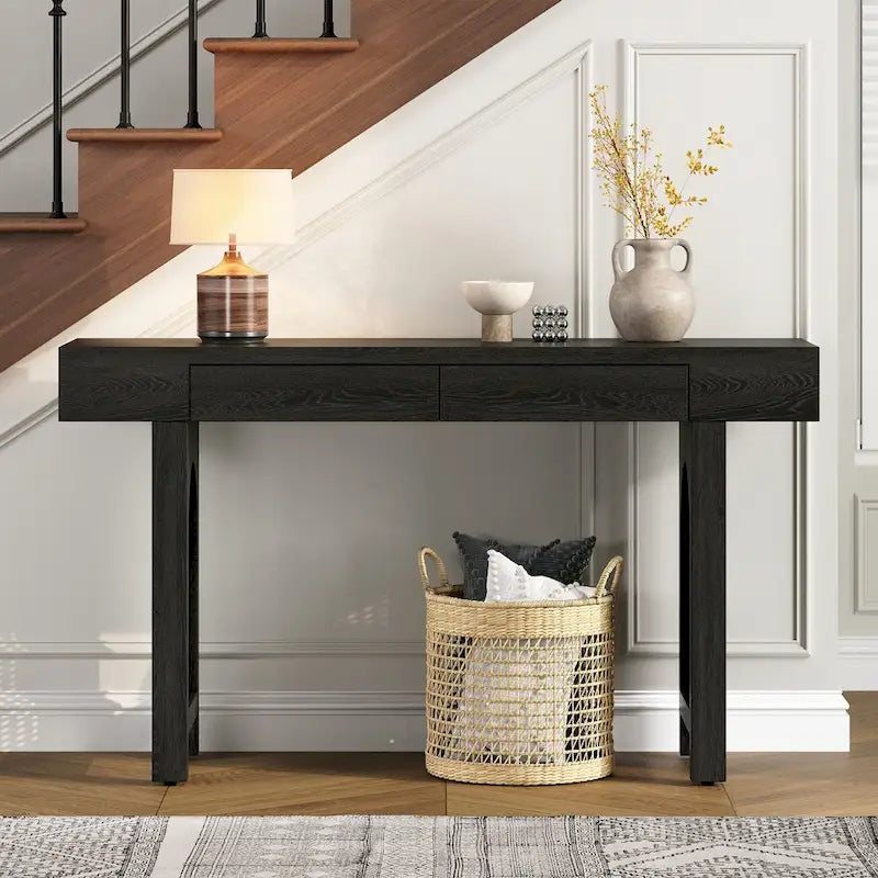 Mesa consola estrecha con 2 cajones – Negro envejecido