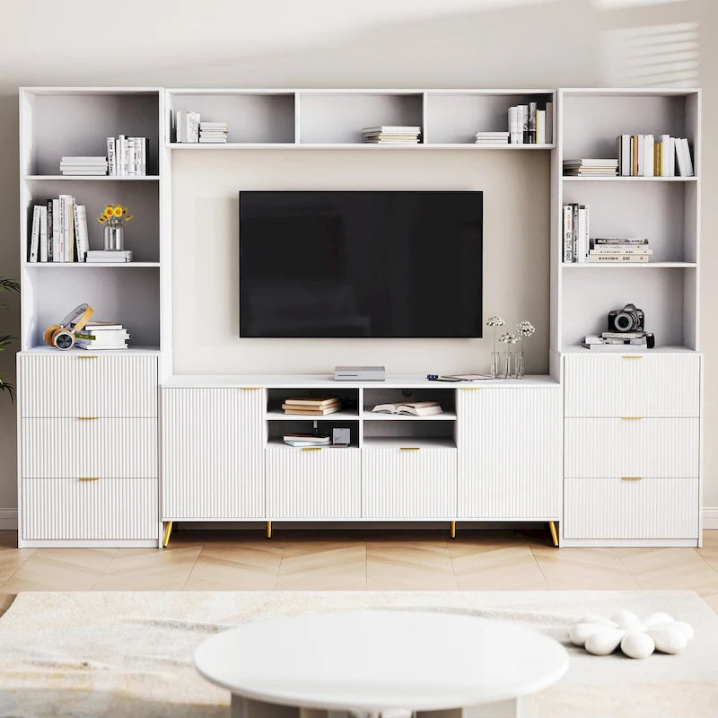 Mueble de pared de 112.5" para entretenimiento con 13 estantes, 8 cajones y 2 gabinetes para televisores de hasta 70" – Blanco