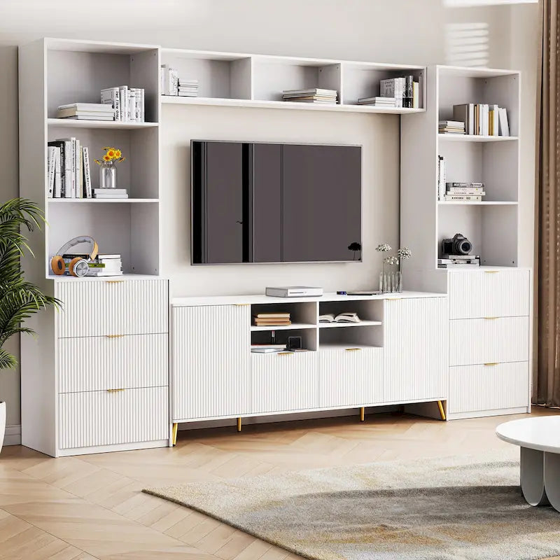 Mueble de pared de 112.5" para entretenimiento con 13 estantes, 8 cajones y 2 gabinetes para televisores de hasta 70" – Blanco