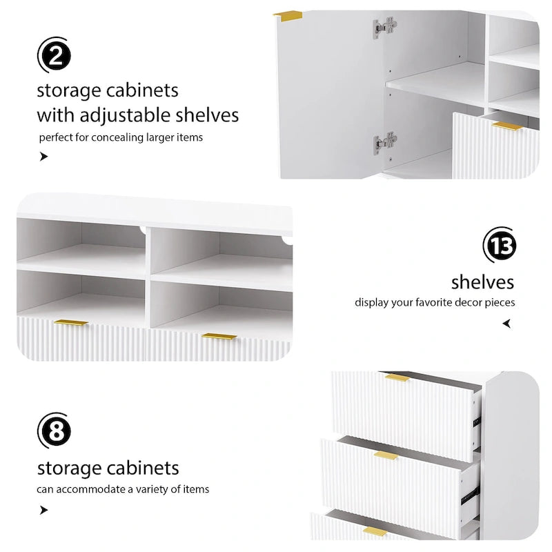 Mueble de pared de 112.5" para entretenimiento con 13 estantes, 8 cajones y 2 gabinetes para televisores de hasta 70" – Blanco