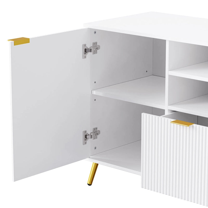 Mueble de pared de 112.5" para entretenimiento con 13 estantes, 8 cajones y 2 gabinetes para televisores de hasta 70" – Blanco