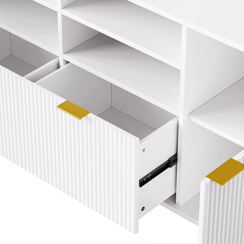 Mueble de pared de 112.5" para entretenimiento con 13 estantes, 8 cajones y 2 gabinetes para televisores de hasta 70" – Blanco