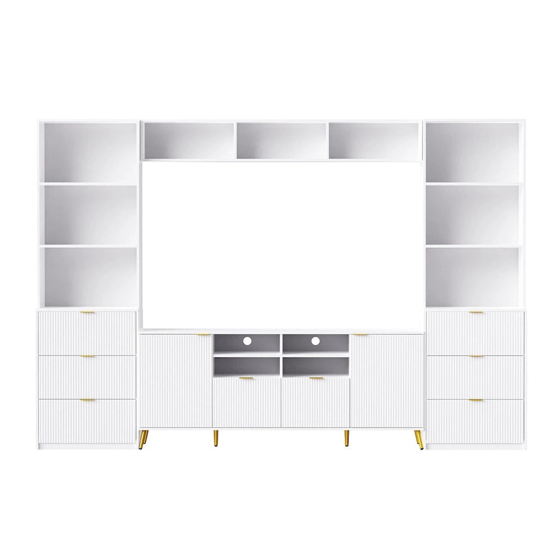 Mueble de pared de 112.5" para entretenimiento con 13 estantes, 8 cajones y 2 gabinetes para televisores de hasta 70" – Blanco