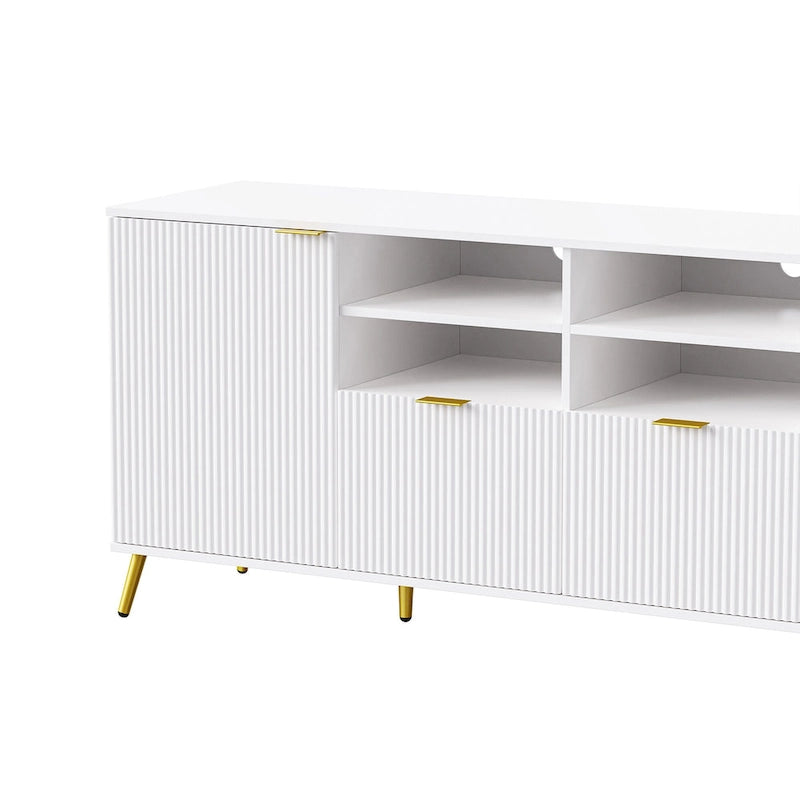 Mueble de pared de 112.5" para entretenimiento con 13 estantes, 8 cajones y 2 gabinetes para televisores de hasta 70" – Blanco