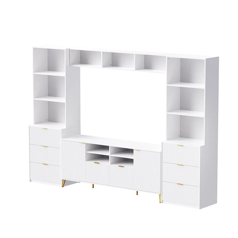 Mueble de pared de 112.5" para entretenimiento con 13 estantes, 8 cajones y 2 gabinetes para televisores de hasta 70" – Blanco