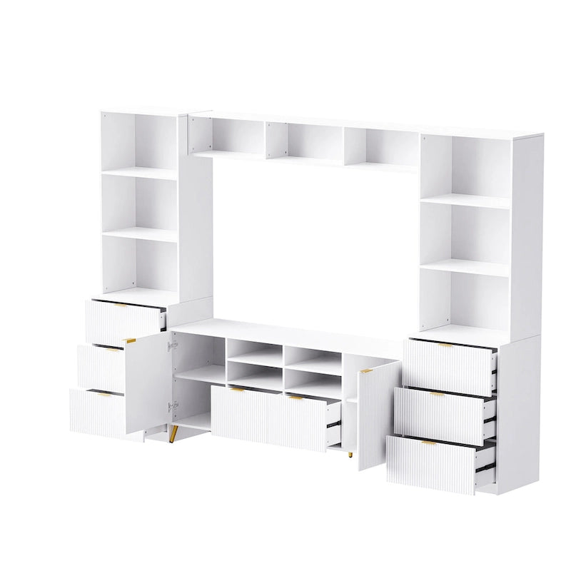 Mueble de pared de 112.5" para entretenimiento con 13 estantes, 8 cajones y 2 gabinetes para televisores de hasta 70" – Blanco
