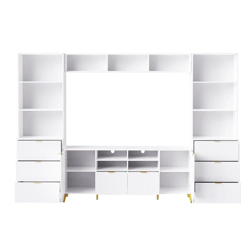 Mueble de pared de 112.5" para entretenimiento con 13 estantes, 8 cajones y 2 gabinetes para televisores de hasta 70" – Blanco