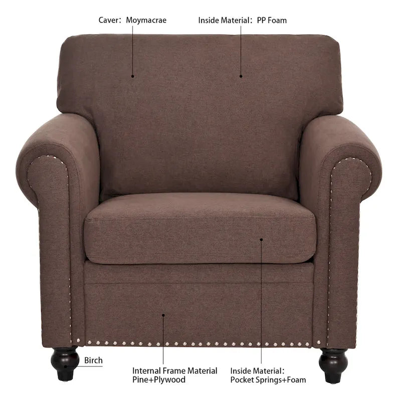 Sillón tapizado color café con brazos enrollados y tachuelas decorativas