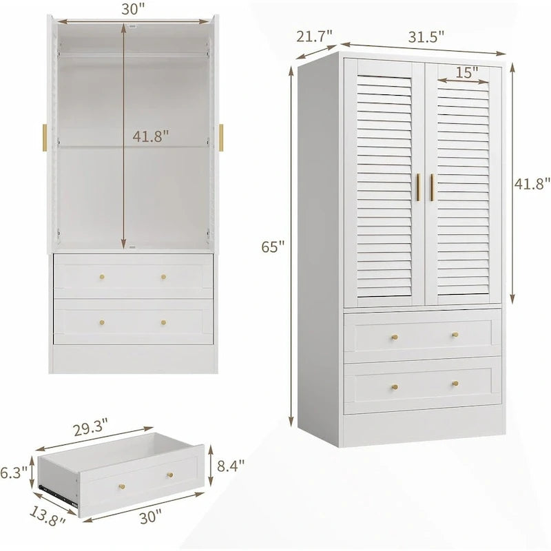 Armario alto con 2 puertas persiana, barra para colgar y 2 cajones