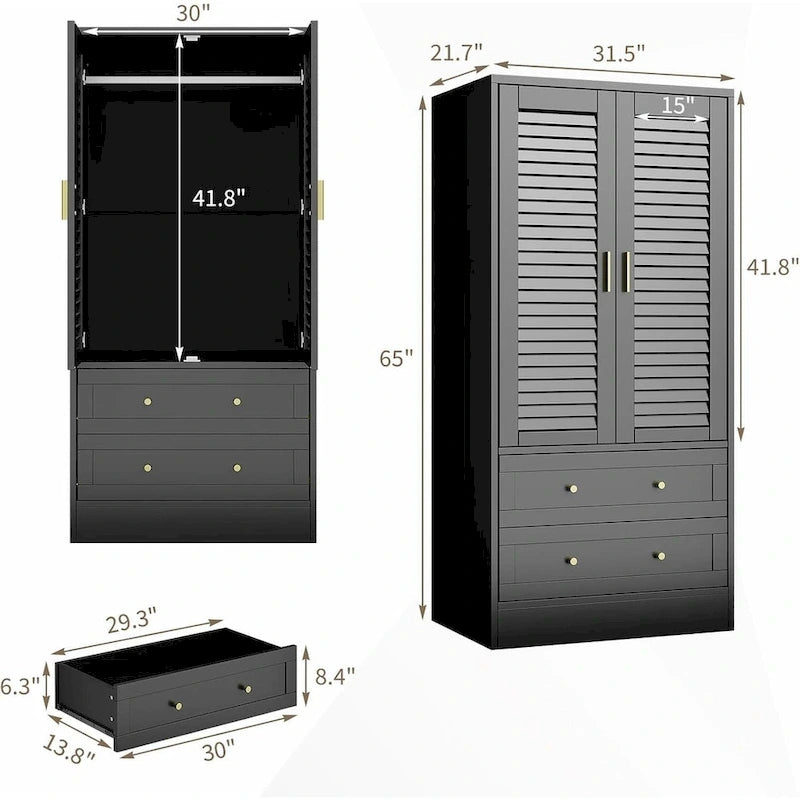 Armario alto con 2 puertas persiana, barra para colgar y 2 cajones