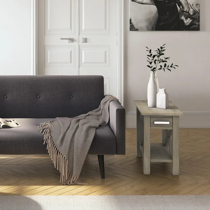 Mesa auxiliar estrecha con cajón y estante inferior – 14 pulgadas de ancho