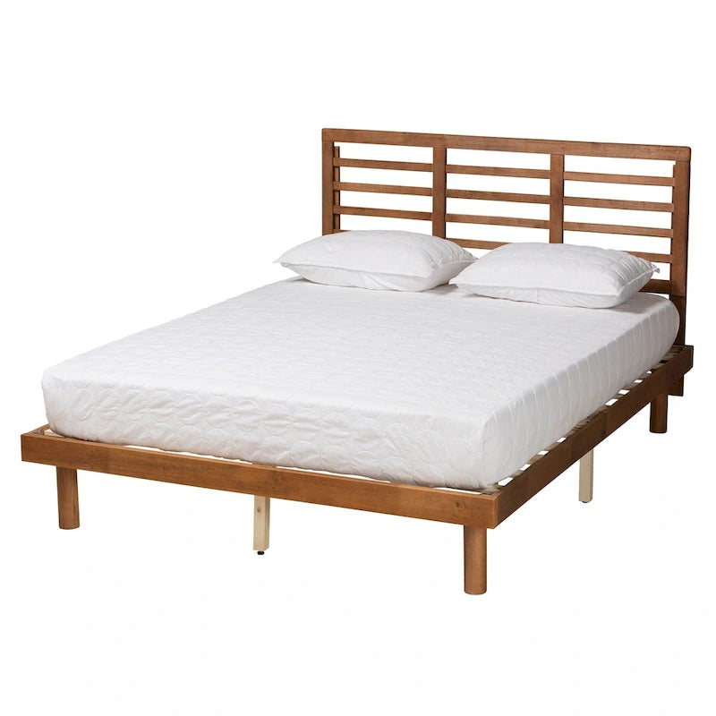 Cama de plataforma de madera Mid-Century Modern con cabecero de listones ajustable