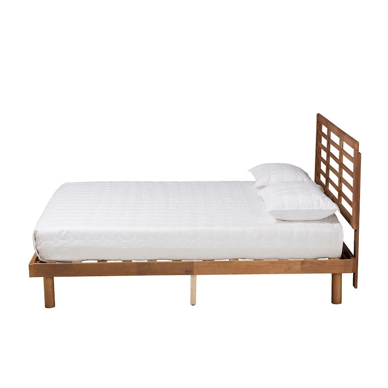 Cama de plataforma de madera Mid-Century Modern con cabecero de listones ajustable
