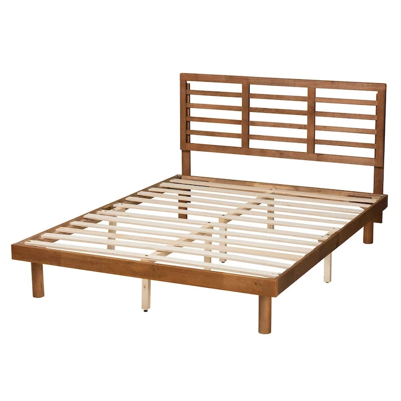 Cama de plataforma de madera Mid-Century Modern con cabecero de listones ajustable