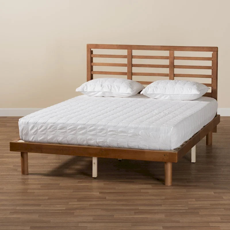 Cama de plataforma de madera Mid-Century Modern con cabecero de listones ajustable