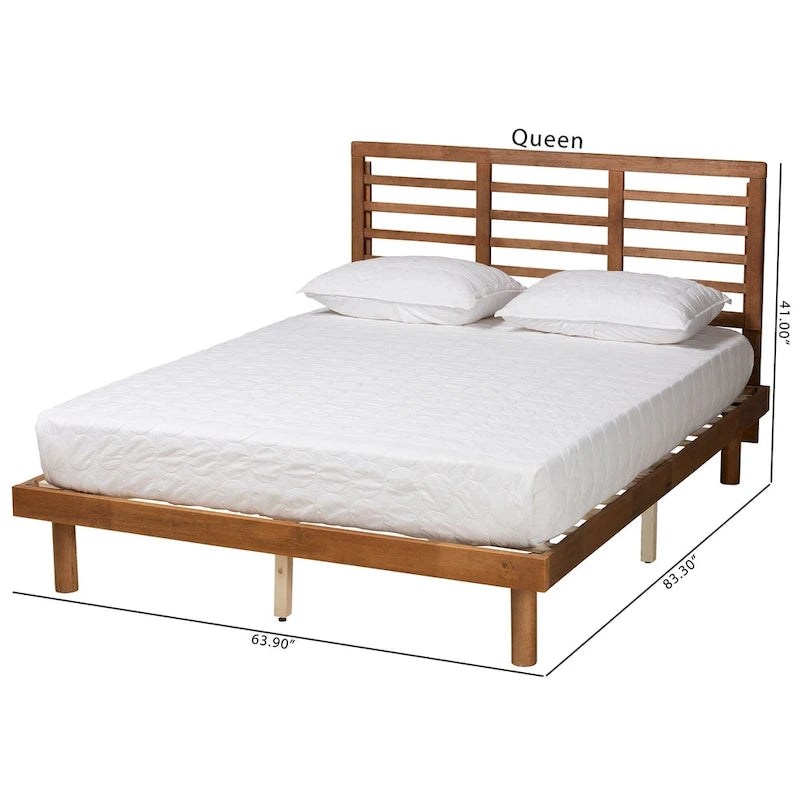 Cama de plataforma de madera Mid-Century Modern con cabecero de listones ajustable