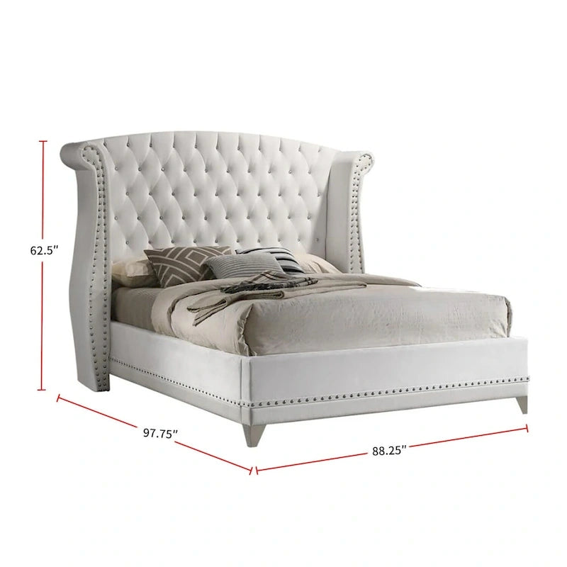 Cama tapizada con cabecero alado y capitoné – Blanco