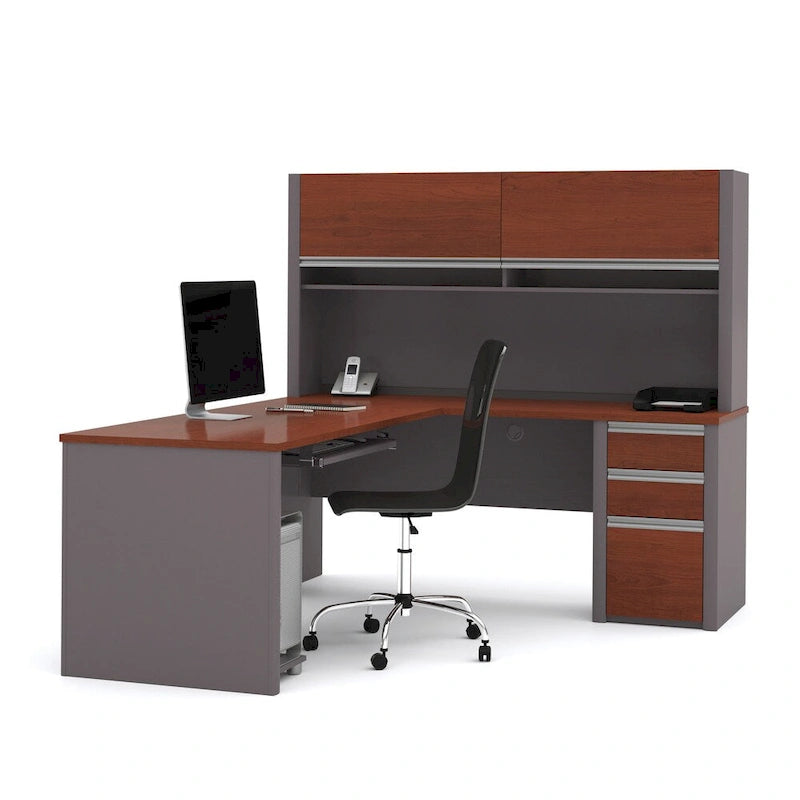 Escritorio en forma de L de 72 pulgadas con credenza y pedestal