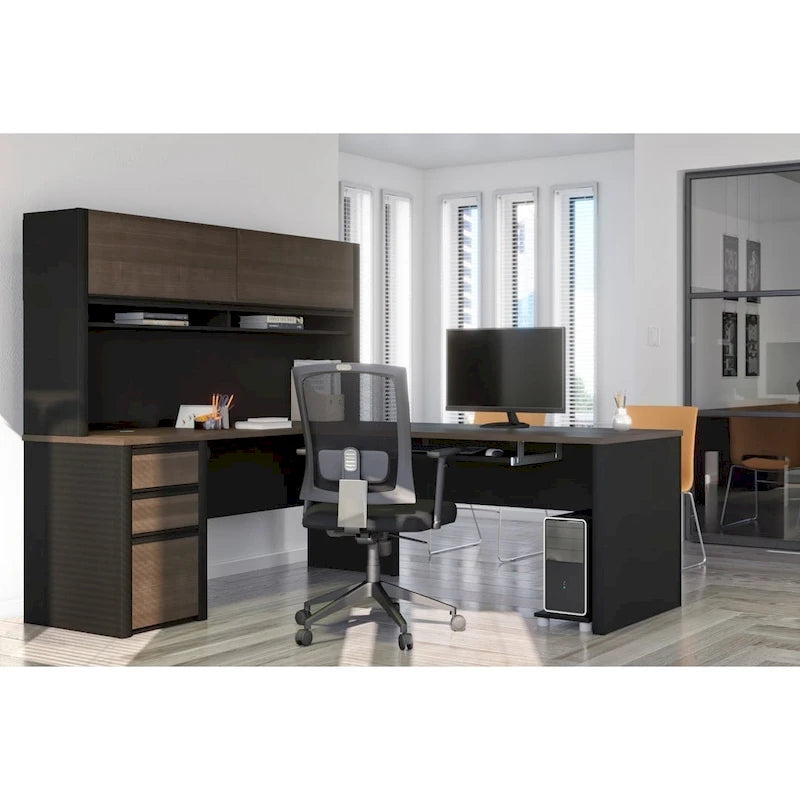 Escritorio en forma de L de 72 pulgadas con credenza y pedestal