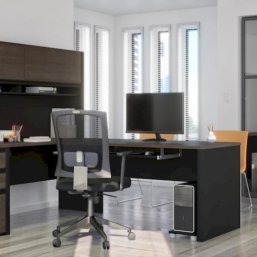 Escritorio en forma de L de 72 pulgadas con credenza y pedestal