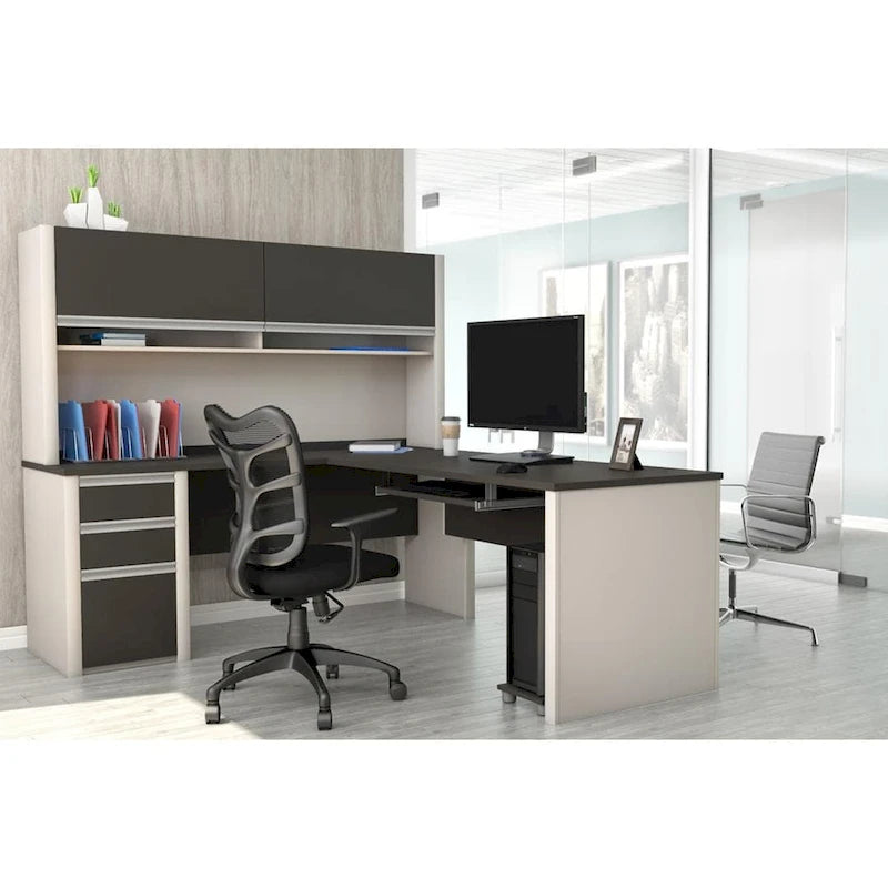 Escritorio en forma de L de 72 pulgadas con credenza y pedestal