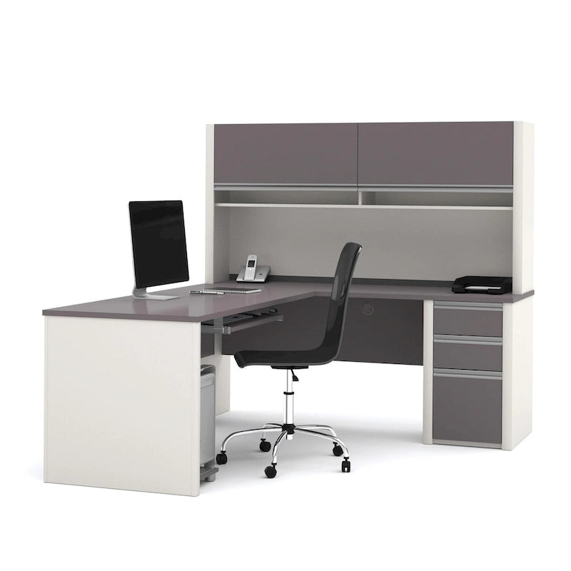 Escritorio en forma de L de 72 pulgadas con credenza y pedestal