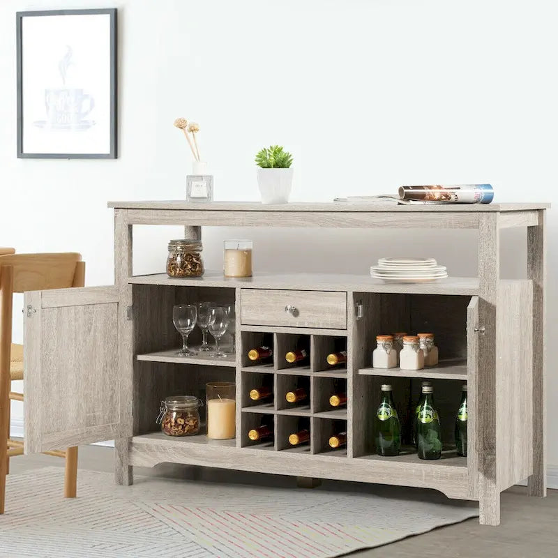 Vinoteca gris con cajones y estantes de almacenamiento