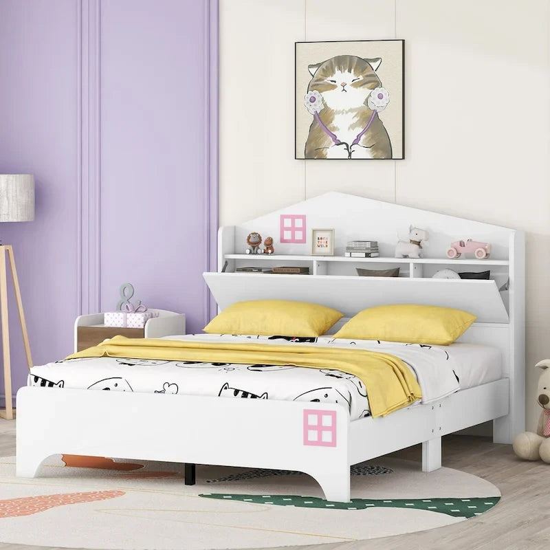 Cama de plataforma matrimonial con cabecera de almacenamiento