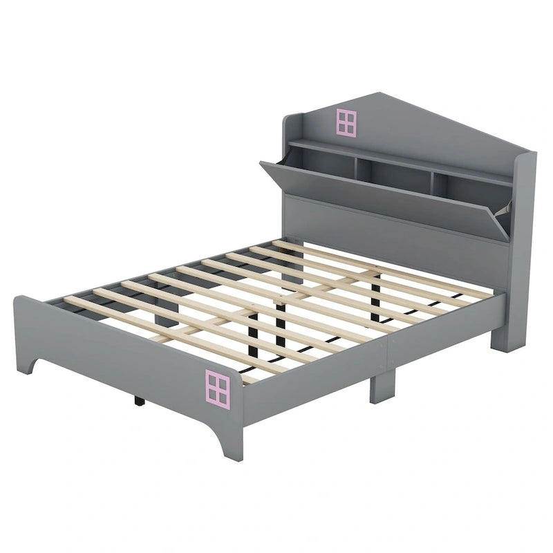Cama de plataforma matrimonial con cabecera de almacenamiento