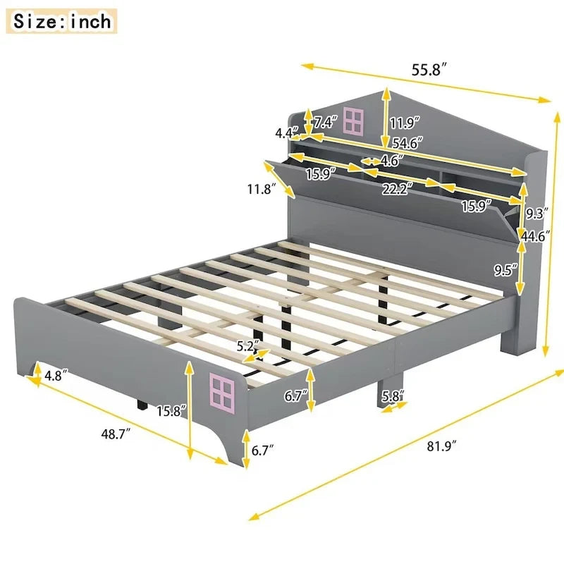 Cama de plataforma matrimonial con cabecera de almacenamiento