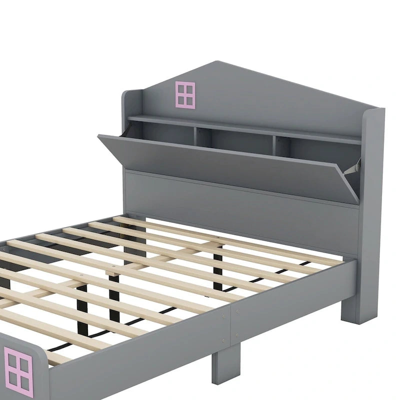 Cama de plataforma matrimonial con cabecera de almacenamiento