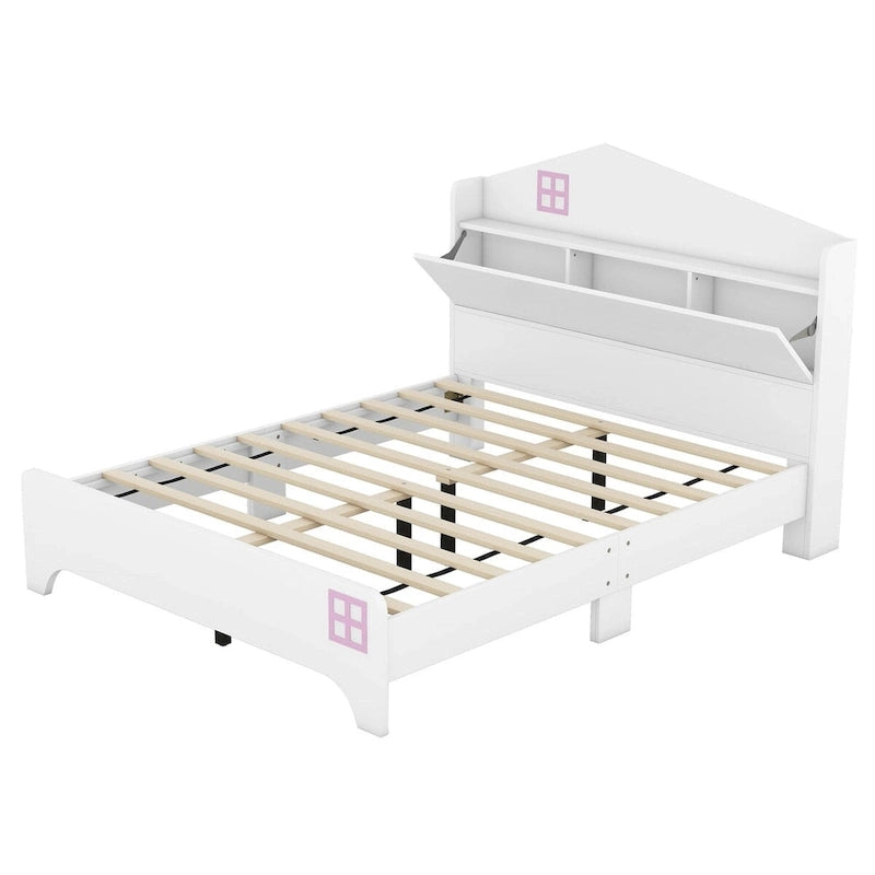 Cama de plataforma matrimonial con cabecera de almacenamiento