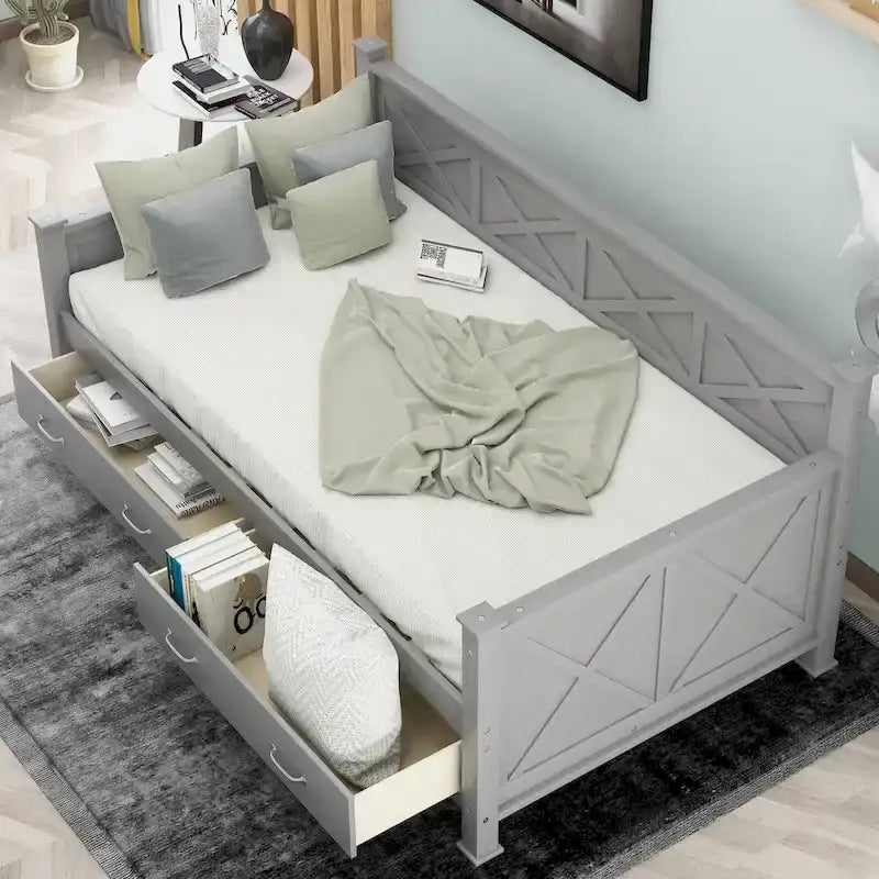 Sofá cama individual con 2 cajones de almacenamiento y soporte de láminas de madera