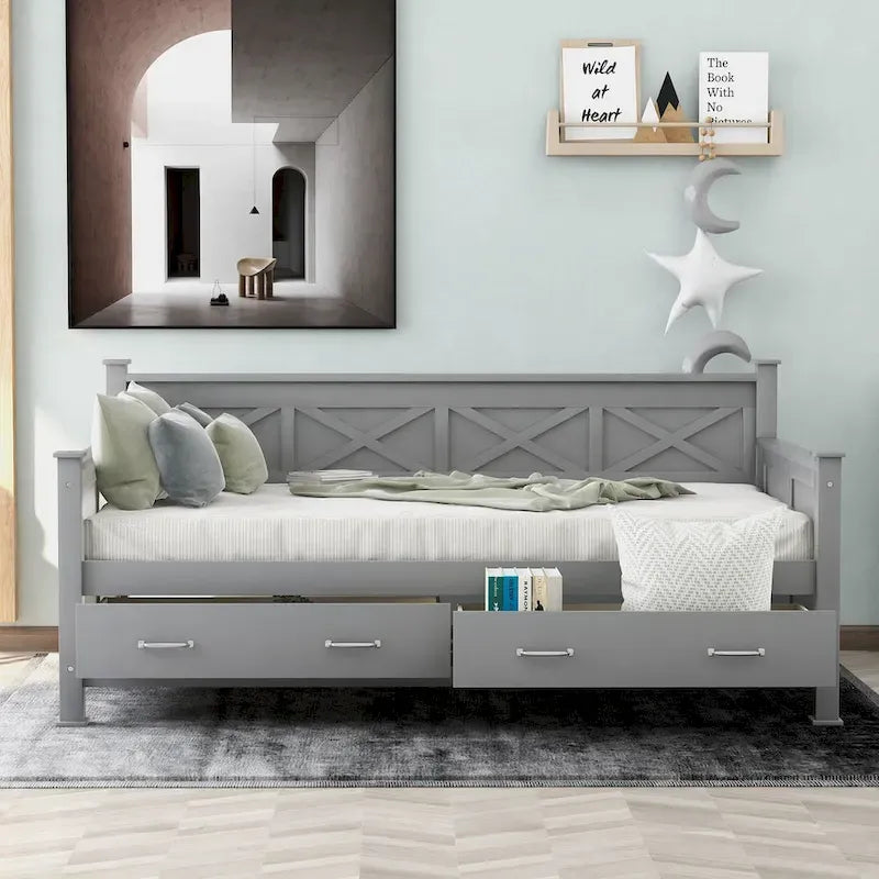 Sofá cama individual con 2 cajones de almacenamiento y soporte de láminas de madera