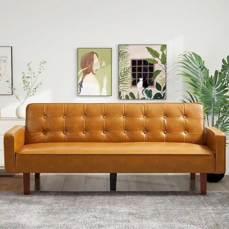 Sofá Cama Convertible de Polipiel de 74.4" con Respaldo Ajustable, 3 Plazas
