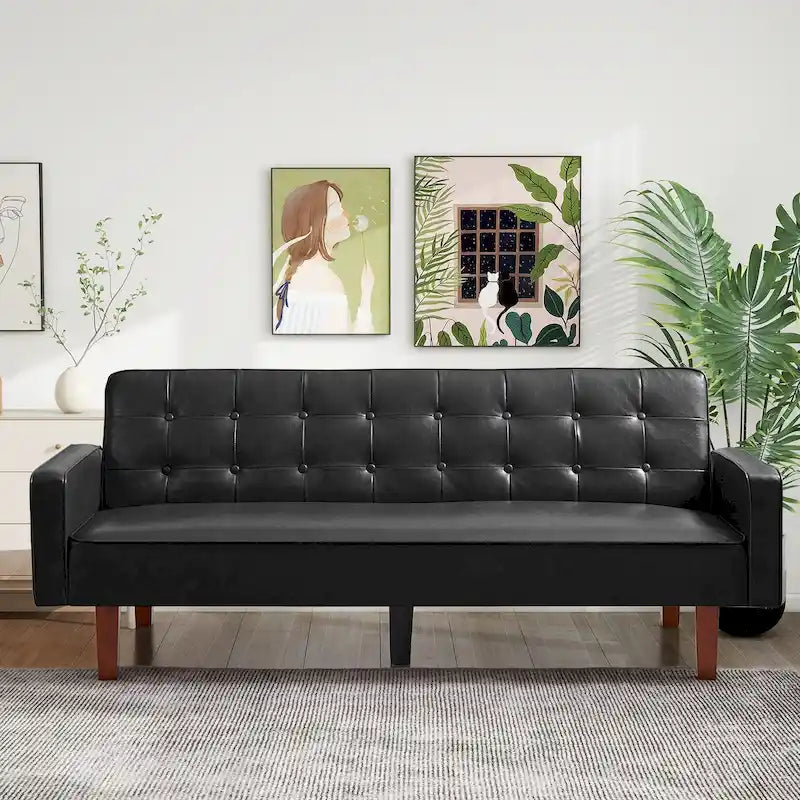 Sofá Cama Convertible de Polipiel de 74.4" con Respaldo Ajustable, 3 Plazas