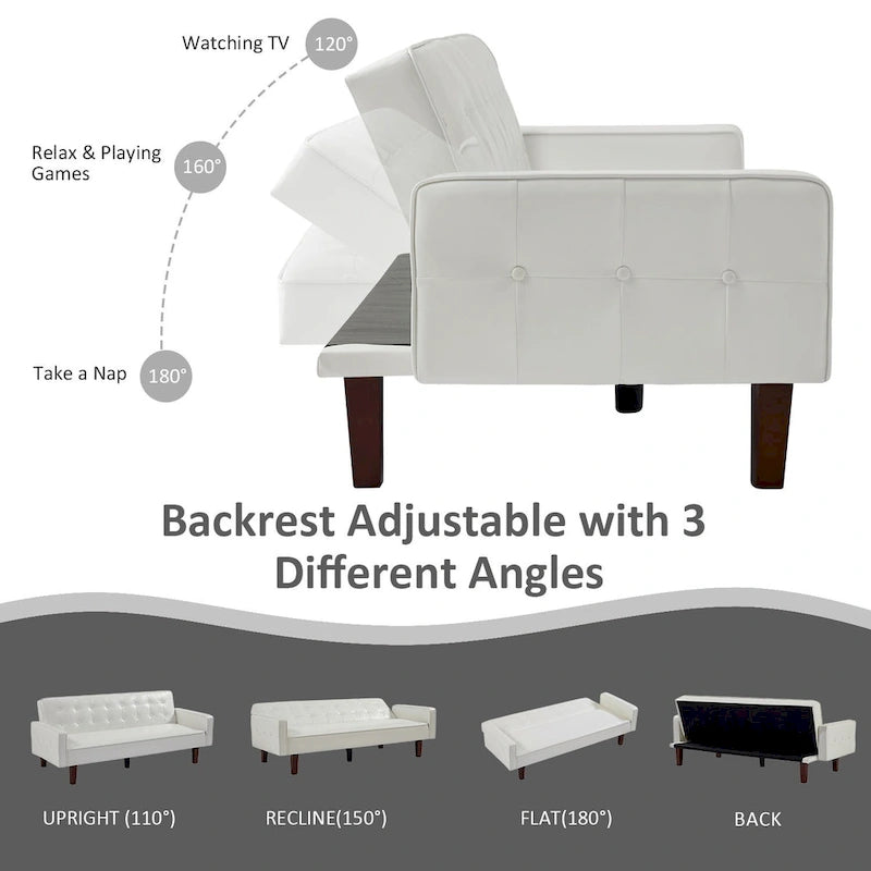 Sofá Cama Convertible de Polipiel de 74.4" con Respaldo Ajustable, 3 Plazas