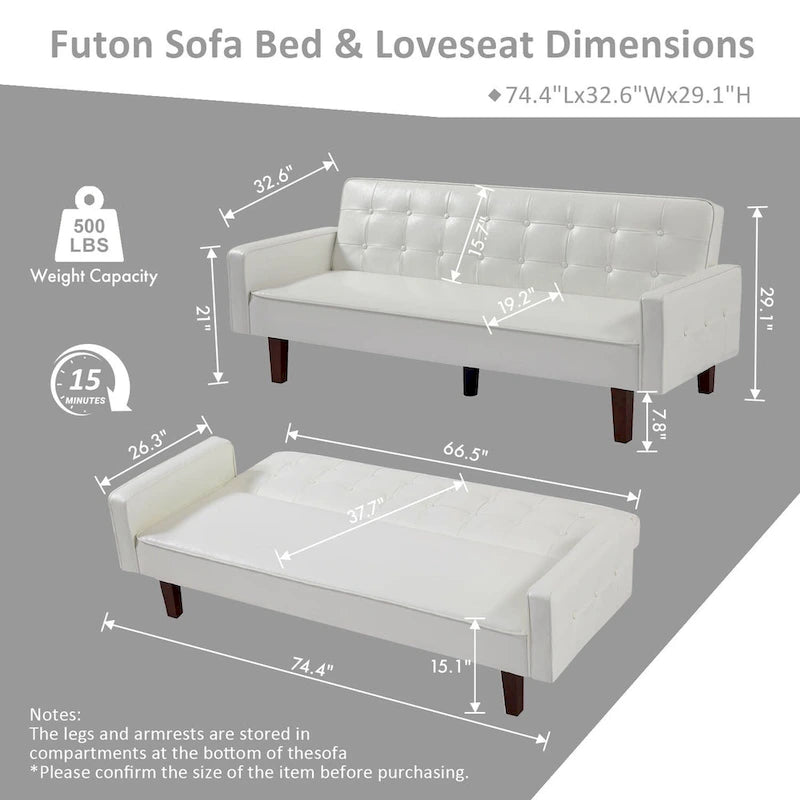Sofá Cama Convertible de Polipiel de 74.4" con Respaldo Ajustable, 3 Plazas