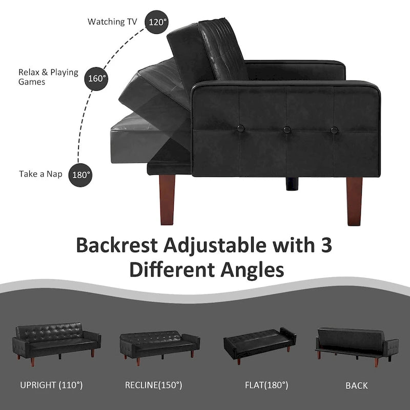 Sofá Cama Convertible de Polipiel de 74.4" con Respaldo Ajustable, 3 Plazas