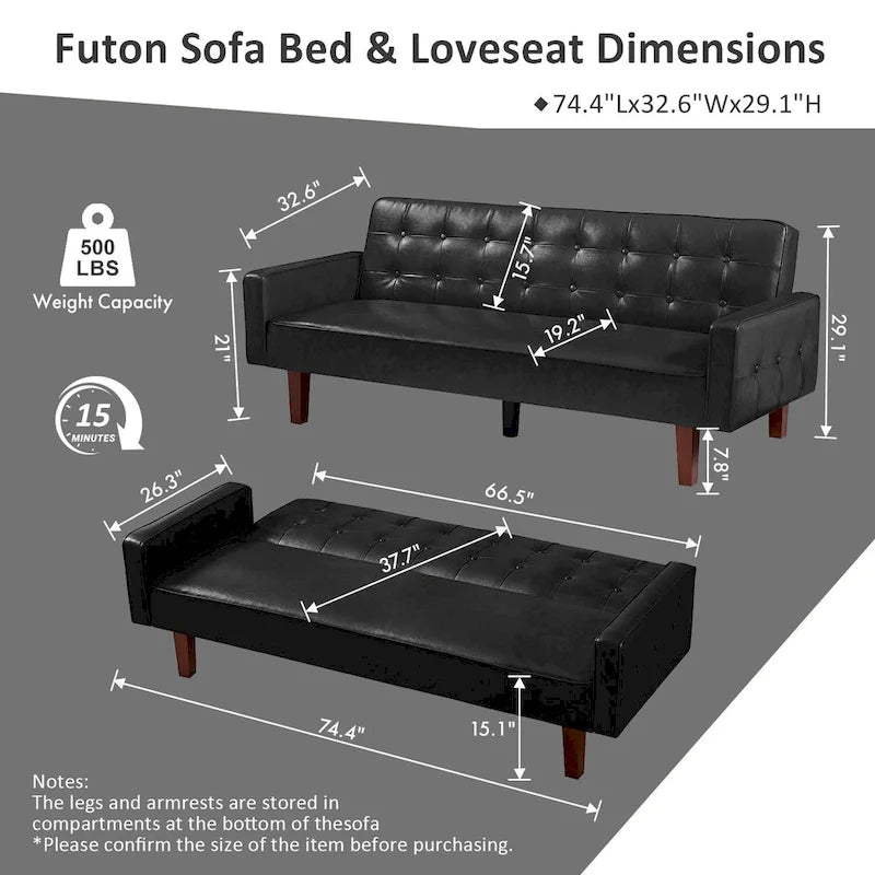 Sofá Cama Convertible de Polipiel de 74.4" con Respaldo Ajustable, 3 Plazas