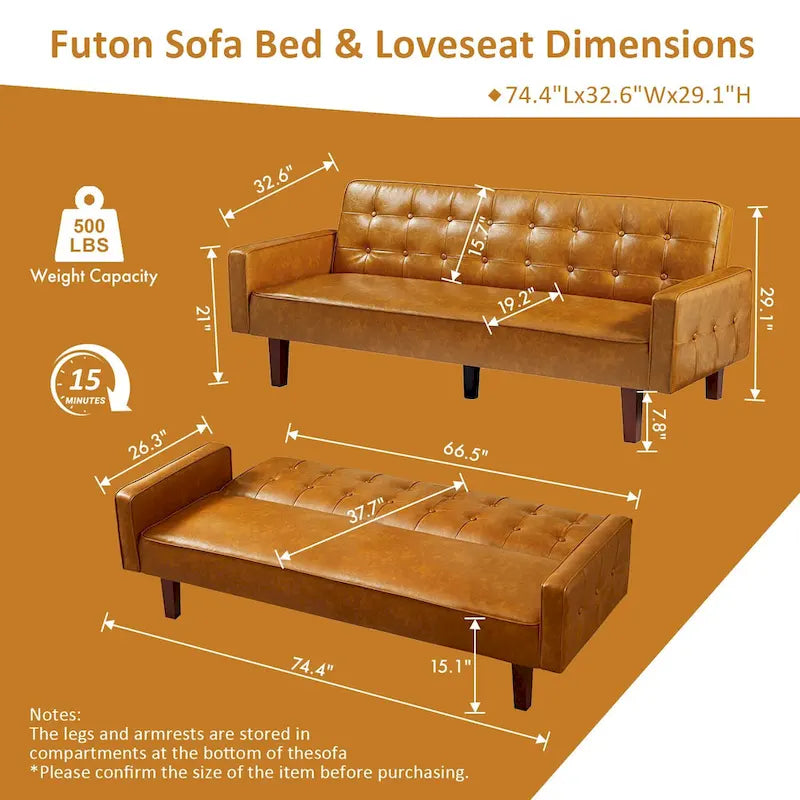Sofá Cama Convertible de Polipiel de 74.4" con Respaldo Ajustable, 3 Plazas