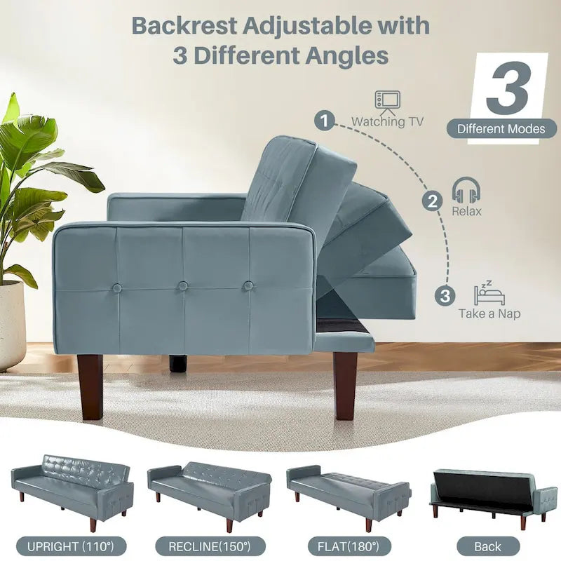 Sofá Cama Convertible de Polipiel de 74.4" con Respaldo Ajustable, 3 Plazas