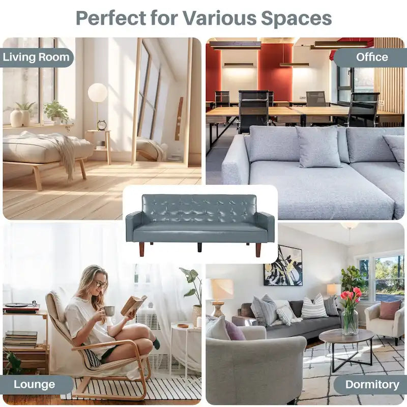 Sofá Cama Convertible de Polipiel de 74.4" con Respaldo Ajustable, 3 Plazas