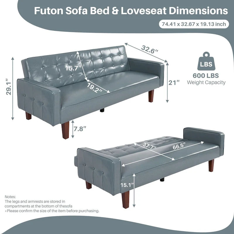 Sofá Cama Convertible de Polipiel de 74.4" con Respaldo Ajustable, 3 Plazas